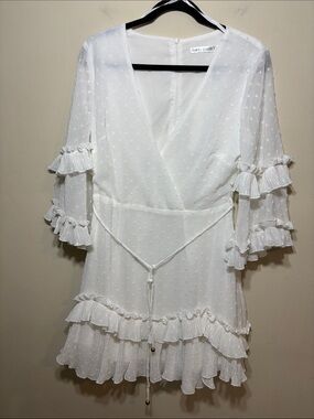 Women’s White Midi Wrap Dress with Ruffle Details